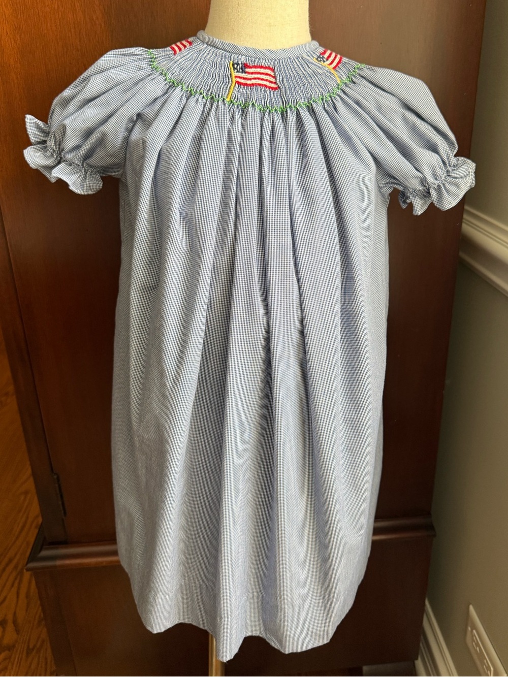 Be Mine Blue and White Gingham Smocked Top with Embroidered Flag Accent